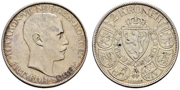 2 Krone 挪威 銀 哈康七世  (1872 - 1957)
