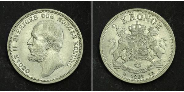 2 Krone 瑞典 銀 奧斯卡二世 (1829-1907)