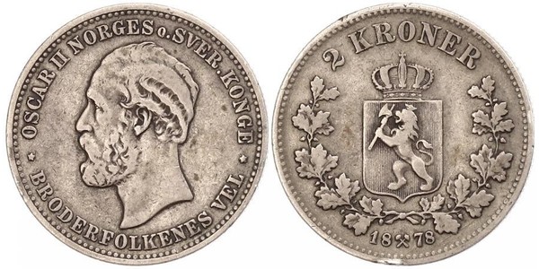 2 Krone 瑞典－挪威联盟 (1814 - 1905) 銀 奧斯卡二世 (1829-1907)
