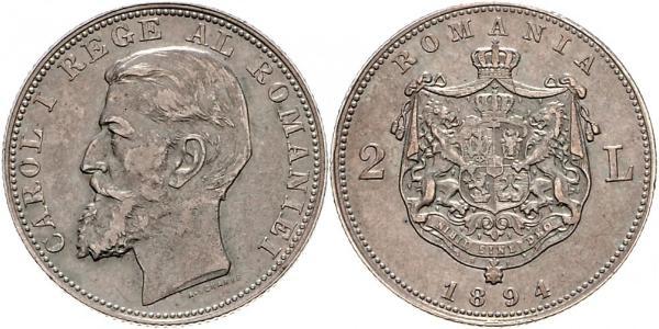 2 Leu Rumania Plata Carlos I de Rumania (1839 - 1914)