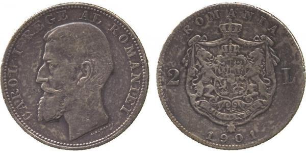 2 Leu Rumania Plata Carlos I de Rumania (1839 - 1914)