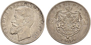 2 Leu Rumänien Silber Karl I. (Rumänien) (1839 - 1914)
