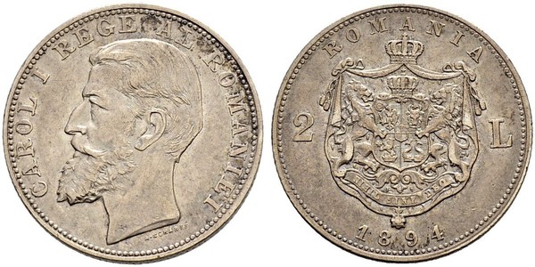 2 Leu Rumänien Silber Karl I. (Rumänien) (1839 - 1914)
