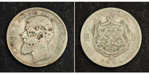 2 Leu Romania Silver Carol I of Romania (1839 - 1914)