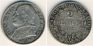 2 Lira Stato Pontificio (752-1870) Argento Papa Pio IX (1792- 1878)