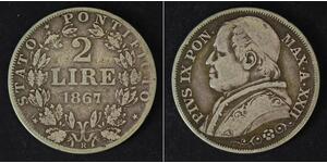 2 Lira Stato Pontificio (752-1870) Argento Papa Pio IX (1792- 1878)