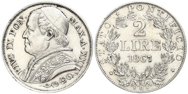 2 Lira Estados Pontificios (752-1870) Plata Pío IX (1792- 1878)