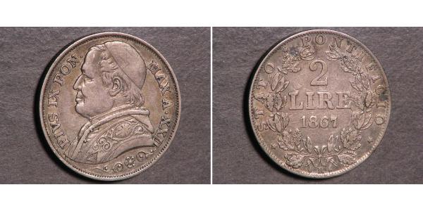 2 Lira Estados Pontificios (752-1870) Plata Pío IX (1792- 1878)