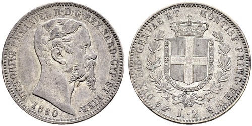 2 Lira Kingdom of Italy (1861-1946) Plata Victor Emmanuel II of Italy (1820 - 1878)