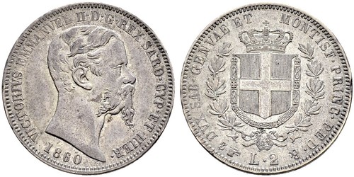 2 Lira Kingdom of Italy (1861-1946) Plata Victor Emmanuel II of Italy (1820 - 1878)