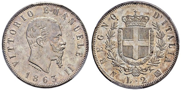 2 Lira Kingdom of Italy (1861-1946) Plata Victor Emmanuel II of Italy (1820 - 1878)