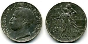2 Lira Kingdom of Italy (1861-1946) Platino/Plata Víctor Manuel III de Italia (1869 - 1947)