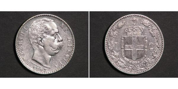2 Lira Italien Silber Umberto I (1844-1900)