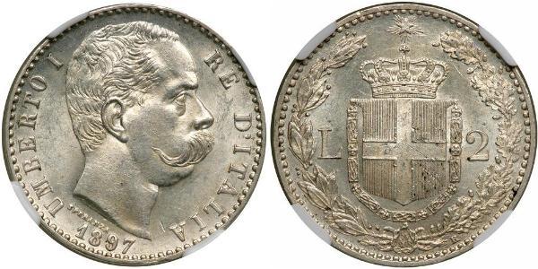 2 Lira Italien Silber Umberto I (1844-1900)