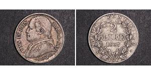 2 Lira 教皇国 (754 - 1870) 銀 Pope Pius IX (1792- 1878)