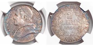 2 Lira 教皇国 (754 - 1870) 銀 Pope Pius IX (1792- 1878)