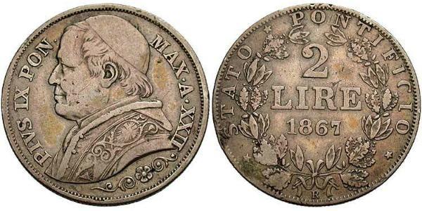 2 Lira 教皇国 (754 - 1870) 銀 Pope Pius IX (1792- 1878)