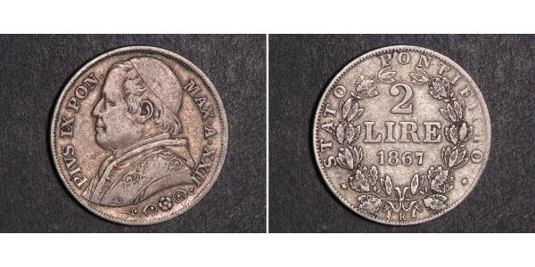 2 Lira 教皇国 (754 - 1870) 銀 Pope Pius IX (1792- 1878)