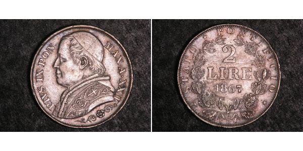 2 Lira 教皇国 (754 - 1870) 銀 Pope Pius IX (1792- 1878)