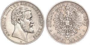 2 Mark Principauté Reuss branche aînée (1778 - 1918) Argent Heinrich XXII (1859 - 1902)