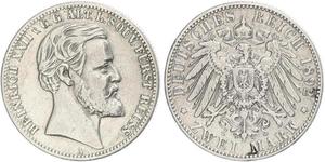 2 Mark Principauté Reuss branche aînée (1778 - 1918) Argent Heinrich XXII (1859 - 1902)