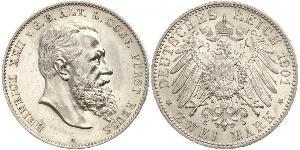 2 Mark Principauté Reuss branche aînée (1778 - 1918) Argent Heinrich XXII (1859 - 1902)