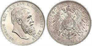 2 Mark Principauté Reuss branche aînée (1778 - 1918) Argent Heinrich XXII (1859 - 1902)