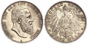 2 Mark Principauté Reuss branche aînée (1778 - 1918) Argent Heinrich XXII (1859 - 1902)