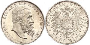 2 Mark Principauté Reuss branche aînée (1778 - 1918) Argent Heinrich XXII (1859 - 1902)