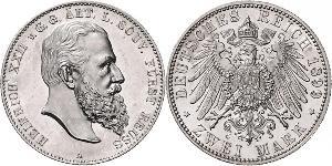 2 Mark Principauté Reuss branche aînée (1778 - 1918) Argent Heinrich XXII (1859 - 1902)