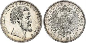 2 Mark Principauté Reuss branche aînée (1778 - 1918) Argent Heinrich XXII (1859 - 1902)