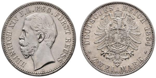 2 Mark Principauté Reuss branche aînée (1778 - 1918) Argent Heinrich XIV, Prince Reuss Younger Line