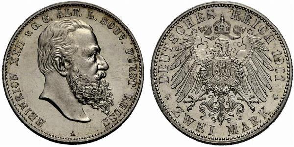 2 Mark Principauté Reuss branche aînée (1778 - 1918) Argent Heinrich XXII (1859 - 1902)