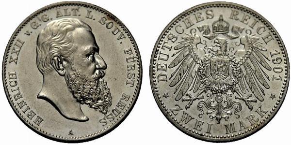 2 Mark Principauté Reuss branche aînée (1778 - 1918) Argent Heinrich XXII (1859 - 1902)