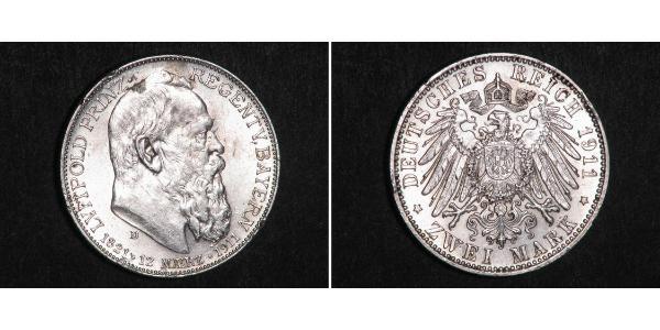 2 Mark Royaume de Bavière (1806 - 1918) Argent Othon Ier de Bavière(1848 – 1916)