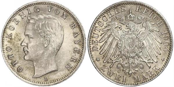 2 Mark Royaume de Bavière (1806 - 1918) Argent Othon Ier de Bavière(1848 – 1916)