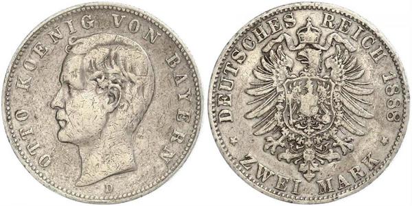 2 Mark Royaume de Bavière (1806 - 1918) Argent Othon Ier de Bavière(1848 – 1916)