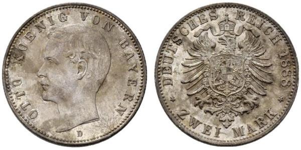 2 Mark Royaume de Bavière (1806 - 1918) Argent Othon Ier de Bavière(1848 – 1916)