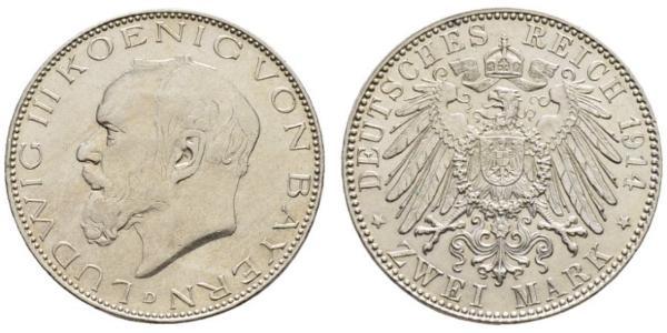 2 Mark Royaume de Bavière (1806 - 1918) Argent Louis III de Bavière (1845 – 1921)