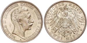 2 Mark Royaume de Prusse (1701-1918) Argent Wilhelm II, German Emperor (1859-1941)