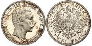 2 Mark Royaume de Prusse (1701-1918) Argent Wilhelm II, German Emperor (1859-1941)