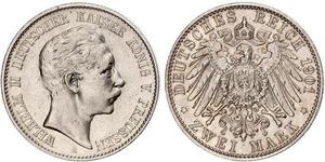 2 Mark Royaume de Prusse (1701-1918) Argent Wilhelm II, German Emperor (1859-1941)