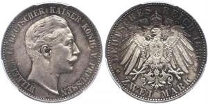 2 Mark Royaume de Prusse (1701-1918) Argent Wilhelm II, German Emperor (1859-1941)