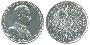 2 Mark Royaume de Prusse (1701-1918) Argent Wilhelm II, German Emperor (1859-1941)