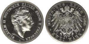 2 Mark Royaume de Prusse (1701-1918) Argent Wilhelm II, German Emperor (1859-1941)