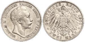 2 Mark Royaume de Prusse (1701-1918) Argent Wilhelm II, German Emperor (1859-1941)