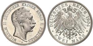 2 Mark Royaume de Prusse (1701-1918) Argent Wilhelm II, German Emperor (1859-1941)