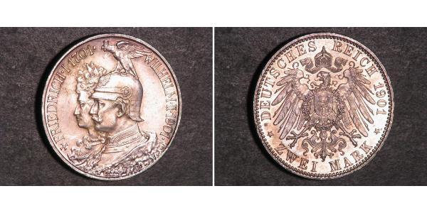 2 Mark Royaume de Prusse (1701-1918) Argent Wilhelm II, German Emperor (1859-1941)