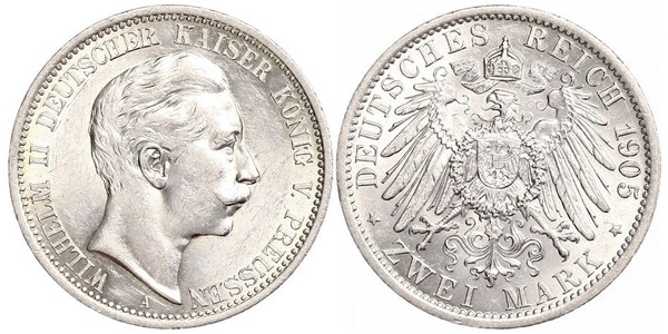 2 Mark Royaume de Prusse (1701-1918) Argent Wilhelm II, German Emperor (1859-1941)