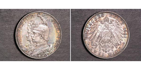 2 Mark Royaume de Prusse (1701-1918) Argent Wilhelm II, German Emperor (1859-1941)
